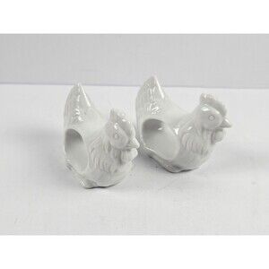 Shafford Ceramic White Chicken Hen Rooster Napkin Rings Vintage Set of 2